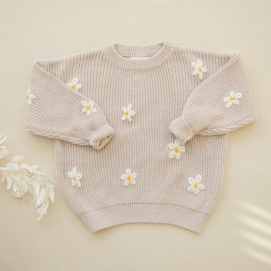 Beige Daisy Hand Embroidered Sweater - Little Joy Co.