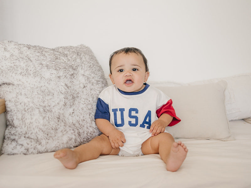 USA Colorblock Oversized T-Shirt Romper - Baby Boy Bubble Romper - 4th of July Outfit - Red, White & Blue Patriotic Shirt