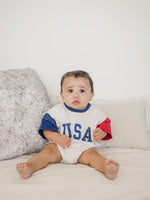 USA Colorblock Oversized T-Shirt Romper - Baby Boy Bubble Romper - 4th of July Outfit - Red, White & Blue Patriotic Shirt