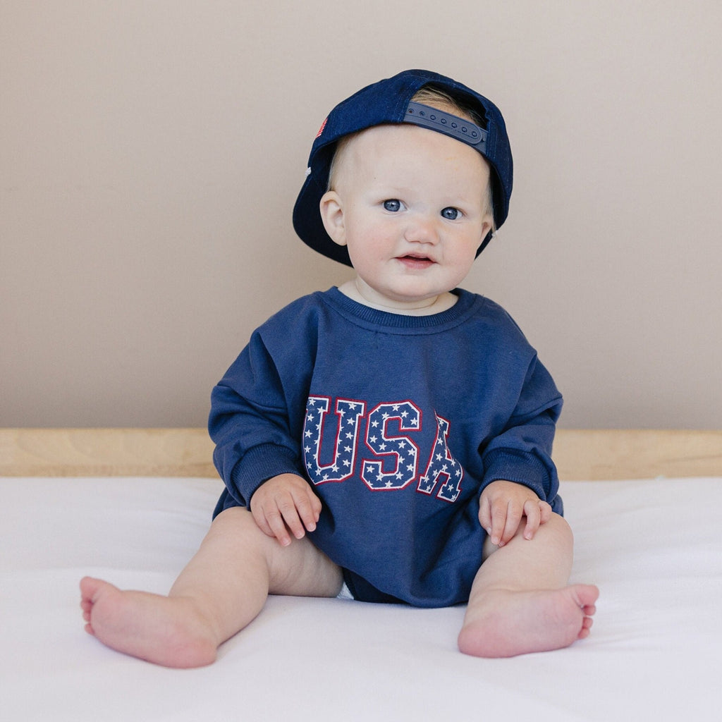 USA Graphic Oversized Sweatshirt Romper - Baby Boy Bubble Romper - 4th of July Sweatshirt - Baby Girl 4th of July Outfit - Minimalist