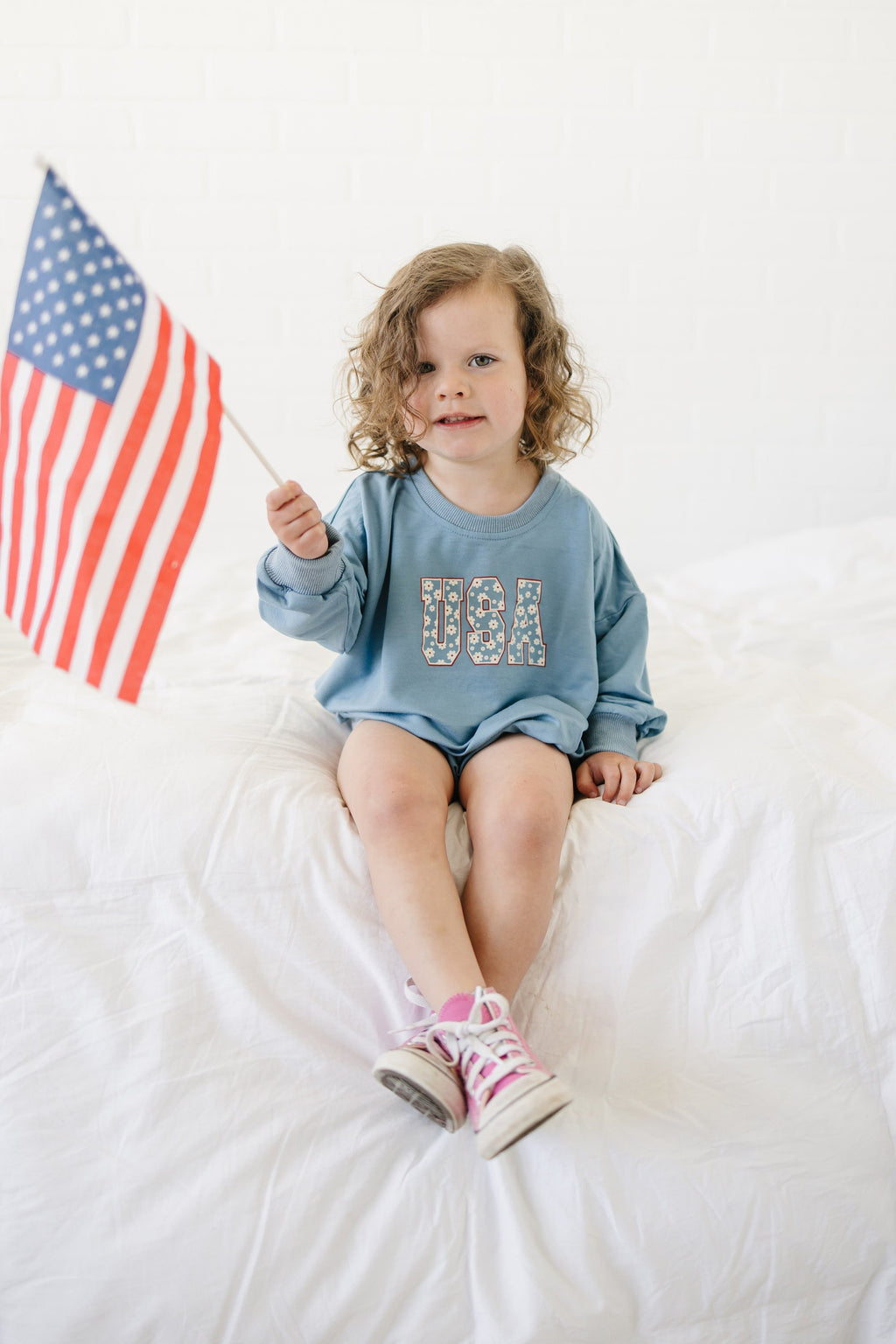 USA Daisy Graphic Oversized Bamboo Sweatshirt Romper - 4th of July Baby Girl Sweatshirt Bubble Romper - Toddler - Red White Blue Flag Shirt
