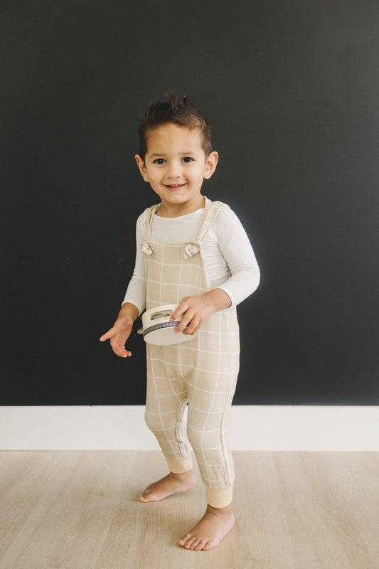 Neutral Plaid Bamboo Knotted Overalls - Little Joy Co.