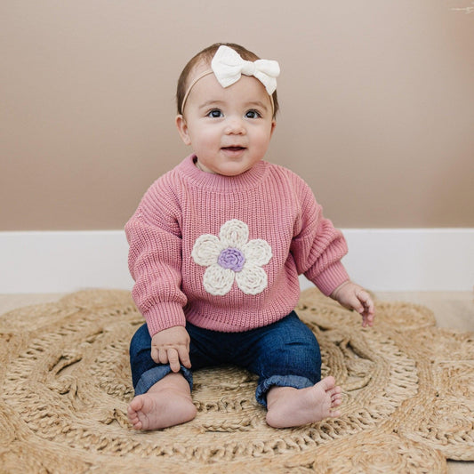 Pink Daisy Hand Embroidered Sweater - Little Joy Co.