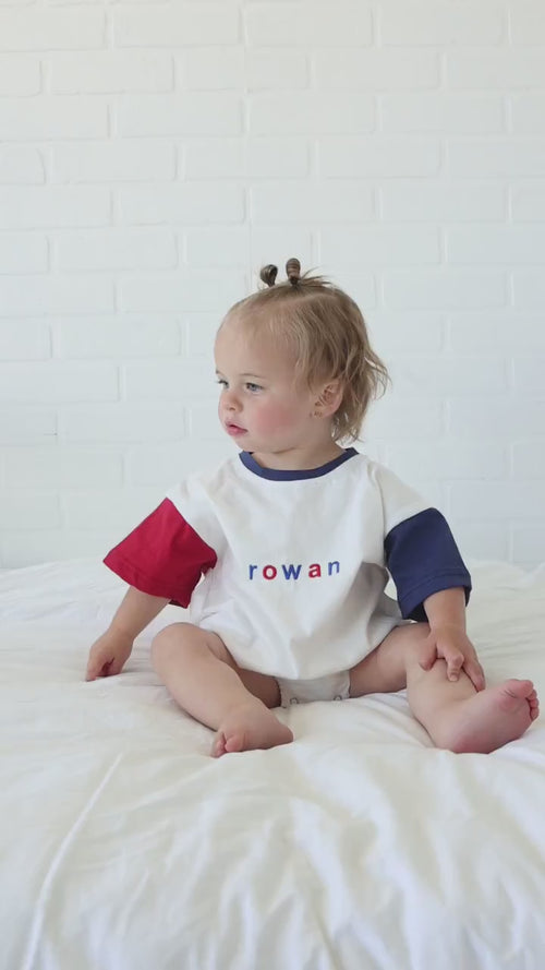 Custom 4th of July Embroidered Colorblock T-Shirt Romper - Red White Blue Bubble Romper - Custom Toddler Shirt Baby Clothes Patriotic Outfit