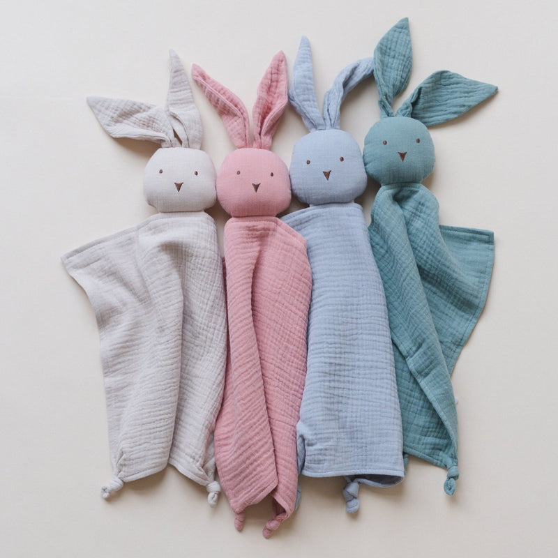 Organic Cotton Muslin Bunny Lovey Blanket - Bunny Muslin Lovey - Security Blanket - Animal - Rabbit - Blue Pink Beige Teal - Boy Girl