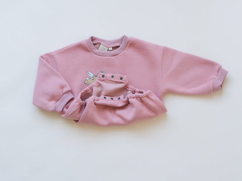 Pink Dinosaur Graphic Oversized Sweatshirt Romper - Triceratops Baby Bubble Romper - Bubble Romper - Baby Boy Clothes - Baby Girl - Neutral