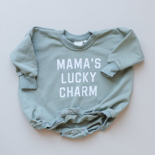 MAMA'S LUCKY CHARM St. Patrick's Day Graphic Oversized Sweatshirt Romper - Sweatshirt Bubble Romper - Baby Boy Clothes - St Patty's - Girl