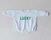 LUCKY St. Patrick's Day Graphic Oversized Sweatshirt Romper - Green Sweatshirt Bubble Romper - Baby Boy Clothes - St Patty's - Baby Girl