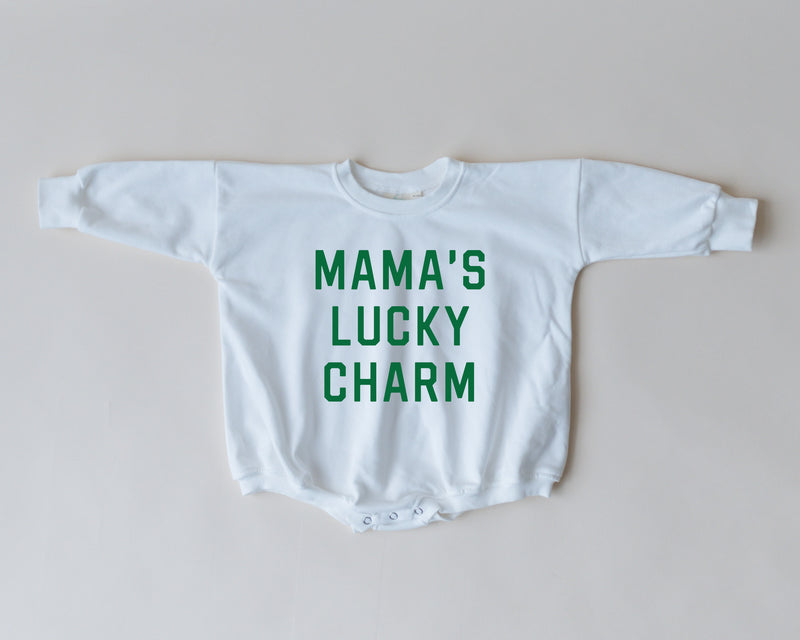 MAMA'S LUCKY CHARM St. Patrick's Day Graphic Oversized Sweatshirt Romper - Sweatshirt Bubble Romper - Baby Boy Clothes - St Patty's - Girl