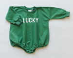 LUCKY St. Patrick's Day Graphic Oversized Sweatshirt Romper - Green Sweatshirt Bubble Romper - Baby Boy Clothes - St Patty's - Baby Girl