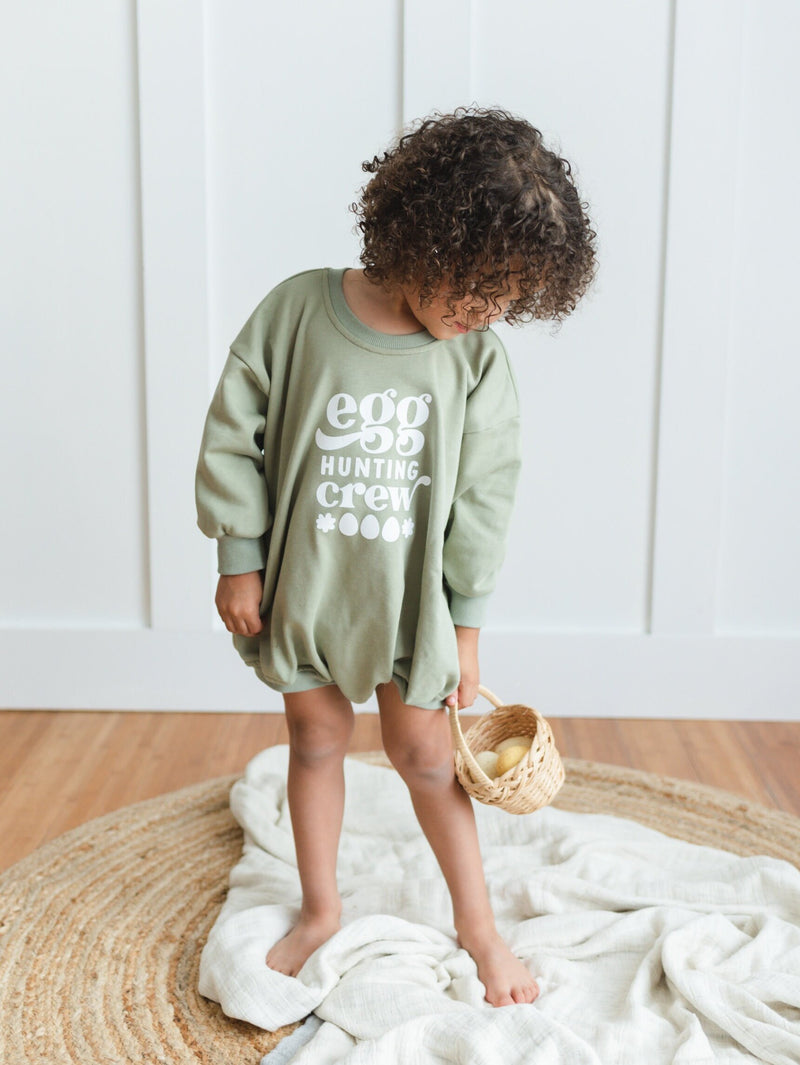 Egg Hunting Crew Easter Graphic Oversized Sweatshirt Romper - Sweatshirt Bubble Romper - Baby Boy Clothes - Sibling Cousins - Easter Outfit