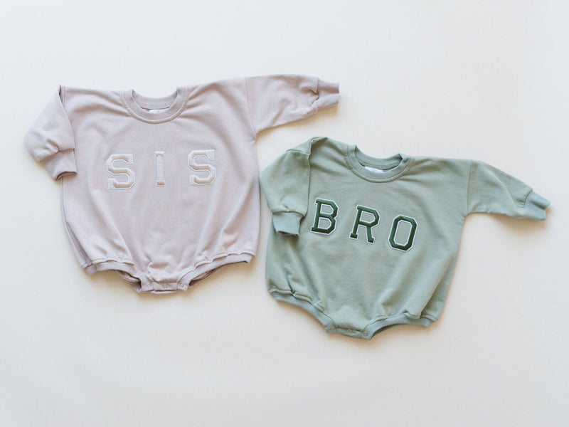 BRO Applique Graphic Oversized Sweatshirt Romper - Bubble Romper - Baby Boy Clothes - Big Brother Outfit - Pregnancy Announcement