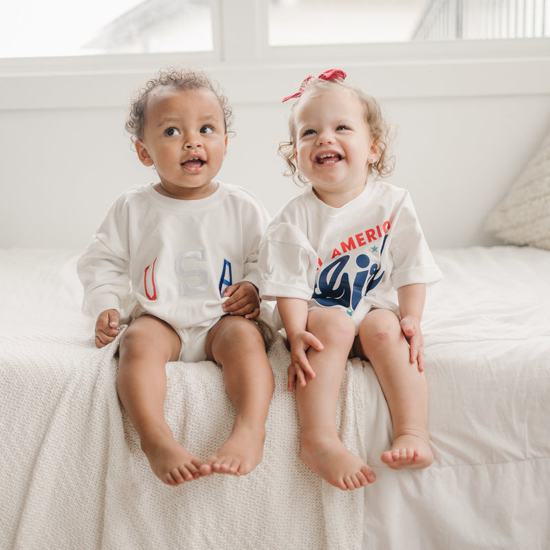 All American Girl Graphic Oversized T-Shirt Romper - Baby Boy Bubble Romper - 4th of July Outfit - Red, White & Blue Patriotic Shirt - USA