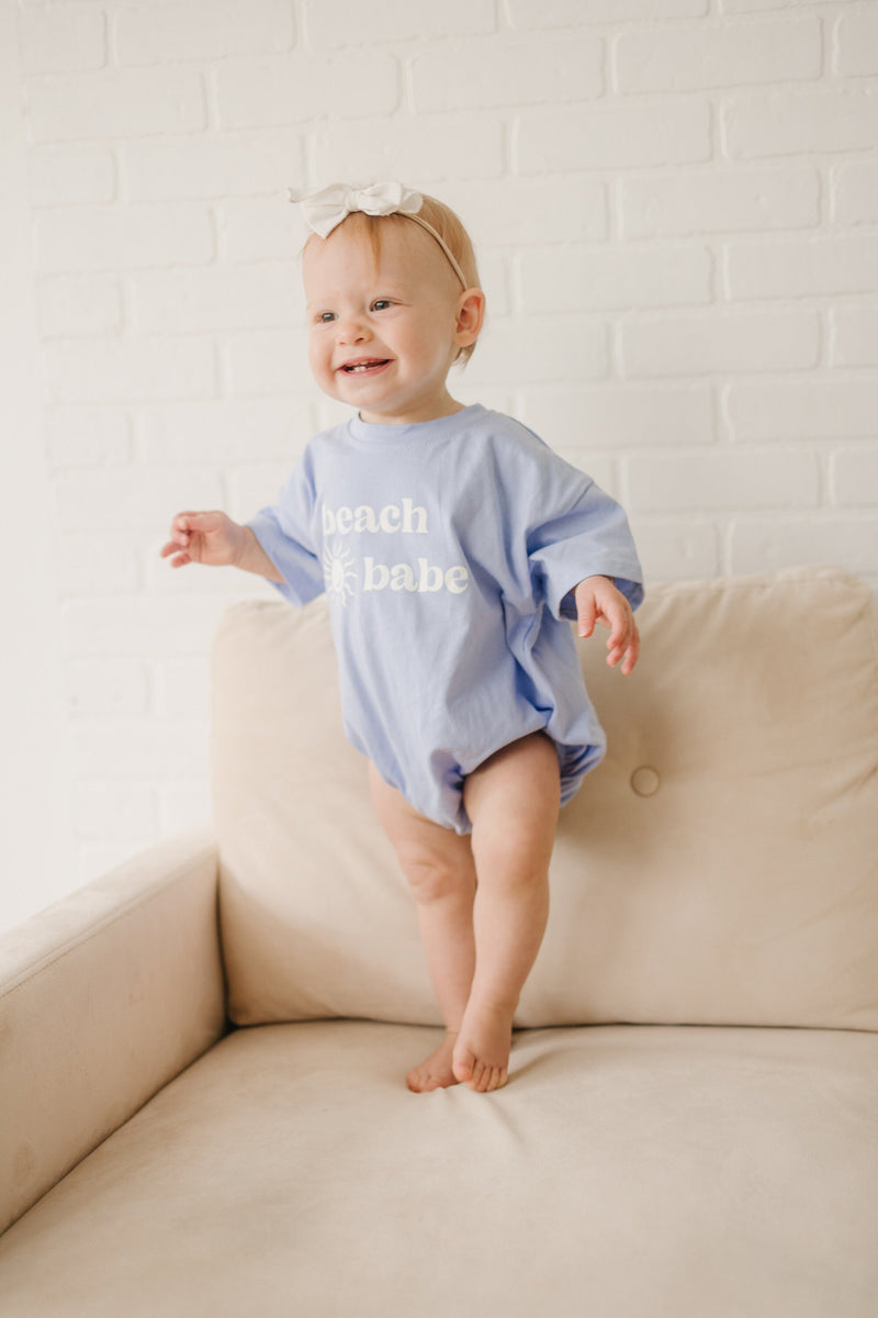 BEACH BABE Oversized T-Shirt Romper - Baby Girl Bubble Romper - Baby Girl Outfit - Beach Ocean Summer Clothes