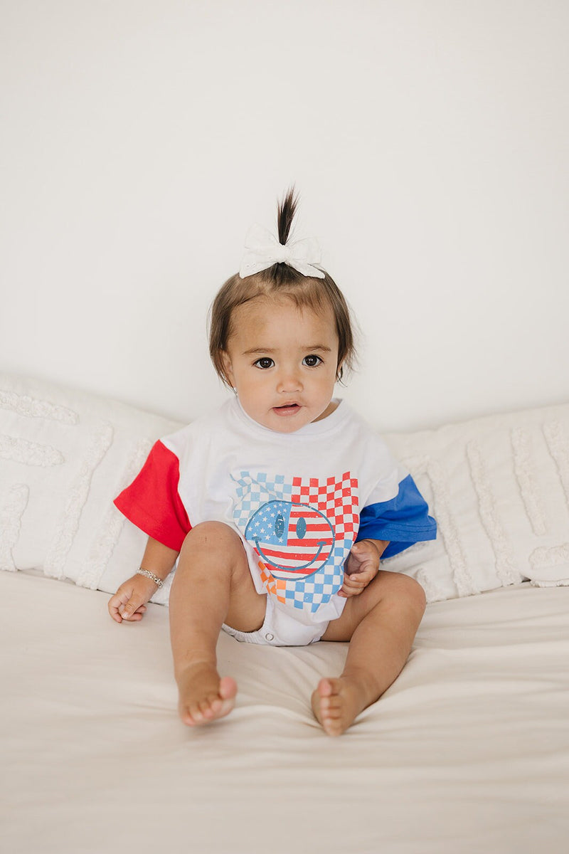 4th of July Colorblock Checker Smiley Oversized T-Shirt Romper - Baby Boy Bubble Romper - 4th of July Outfit - Baby Girl 4th of July Shirt