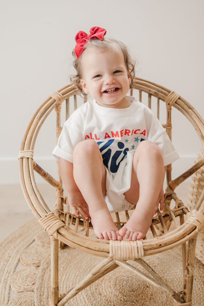 All American Girl Graphic Oversized T-Shirt Romper - Baby Boy Bubble Romper - 4th of July Outfit - Red, White & Blue Patriotic Shirt - USA
