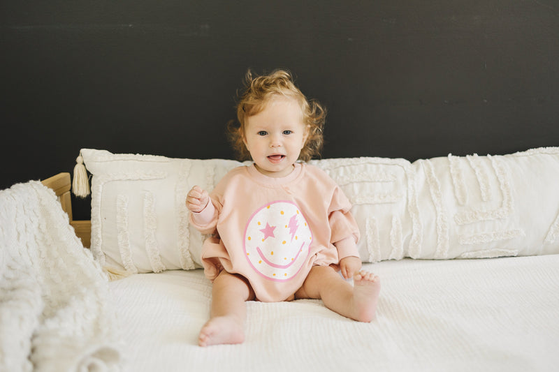 Daisy Smiley Face Graphic Oversized Sweatshirt Romper - Bubble Romper - Baby Girl Clothes - Baby Girl Outfit - Retro Flower Smiley Groovy