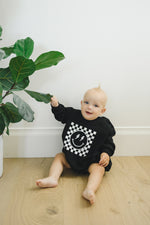 Checkered Smiley Face Design Oversized Sweatshirt Romper - Baby Boy Bubble Romper - Baby Boy Outfit - Smiley Lightning Bolt Eyes Checker