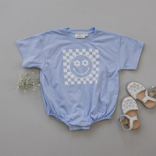 Daisy Checker Smiley Face Oversized T-Shirt Romper - Baby Girl Bubble Romper - Baby Girl Outfit - Retro Baby Girl Clothes - Baby Girl Shirt