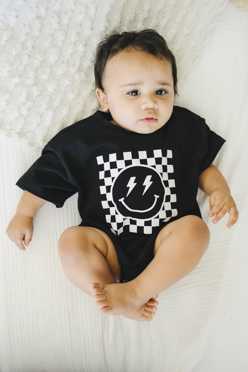 Checkered Smiley Face Graphic Oversized T-Shirt Romper - Baby Boy Bubble Romper - Baby Boy Outfit - Bubble Romper - Lightning Bolt Checker