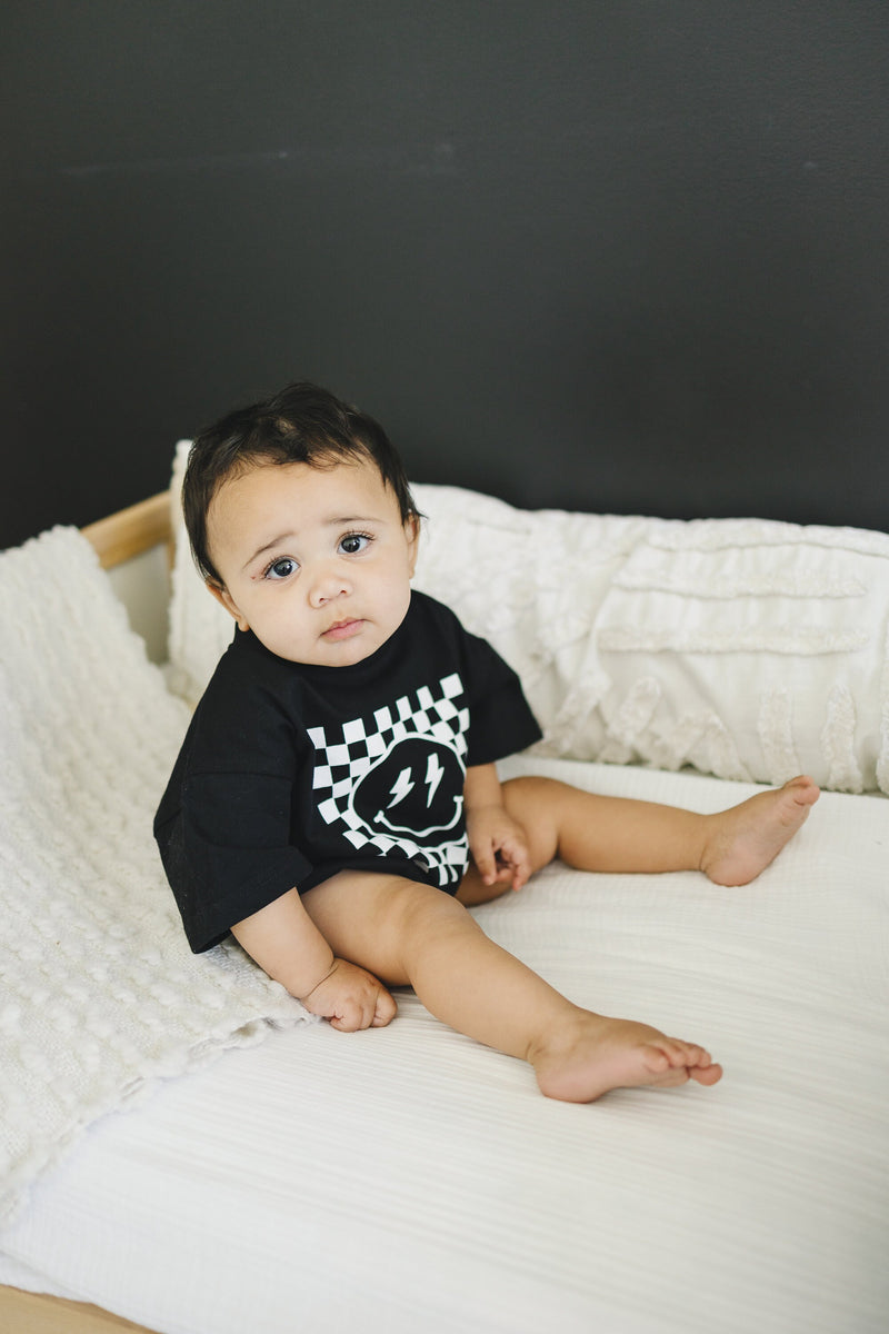 Checkered Smiley Face Graphic Oversized T-Shirt Romper - Baby Boy Bubble Romper - Baby Boy Outfit - Bubble Romper - Lightning Bolt Checker
