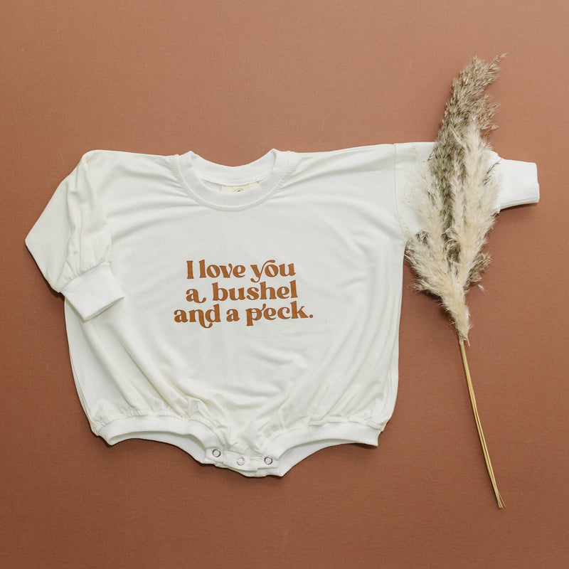 I Love You A Bushel and a Peck Graphic Oversized Bamboo Sweatshirt Romper - Fall Baby Sweatshirt Bubble Romper - Boy Girl Neutral Toddler