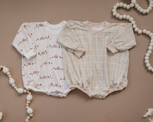 Beige Plaid Bamboo Bubble Romper - Neutral Sweatshirt Romper - Sweatshirt Romper - Baby Girl Clothes - Neutral Outfit Boy Shirt