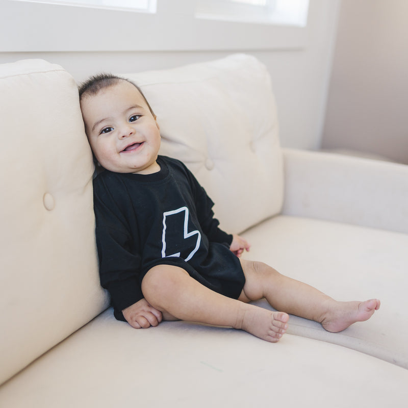 Lightning Bolt Black Bamboo Sweatshirt Romper - Bubble Romper - Sweater Romper - Baby Boy Clothes - Bamboo Daywear - Baby Boy Outfit