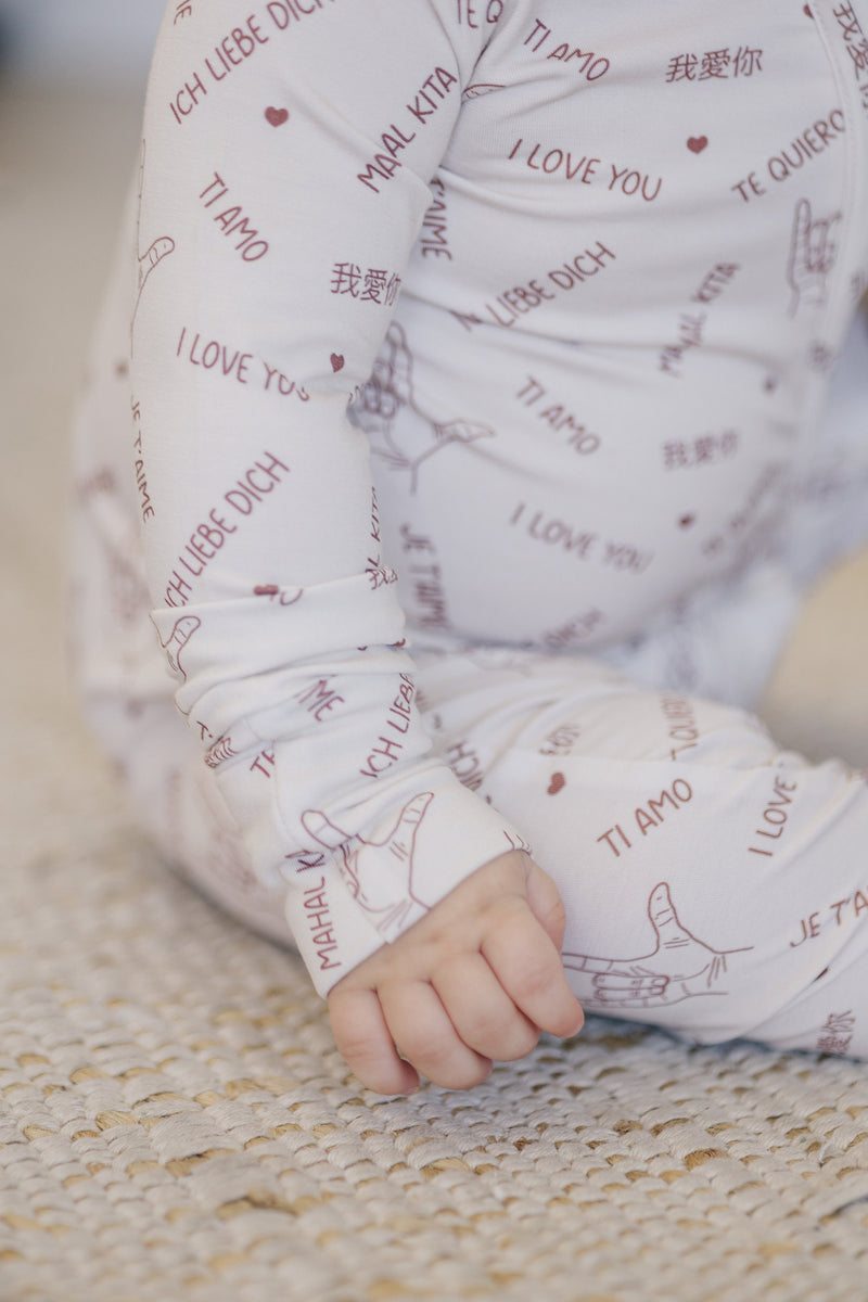 I Love You Multilingual Valentine's Day Bamboo Zippy Romper - Bamboo Pajamas - Boy Girl Neutral - Valentines Day - Languages - Te QuieroQu