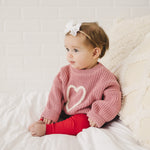 Pink Heart Hand Embroidered Chunky Knit Sweater for Babies & Toddlers - Valentine's Day Embroidered Baby Sweater - Baby Girl Valentines VDay