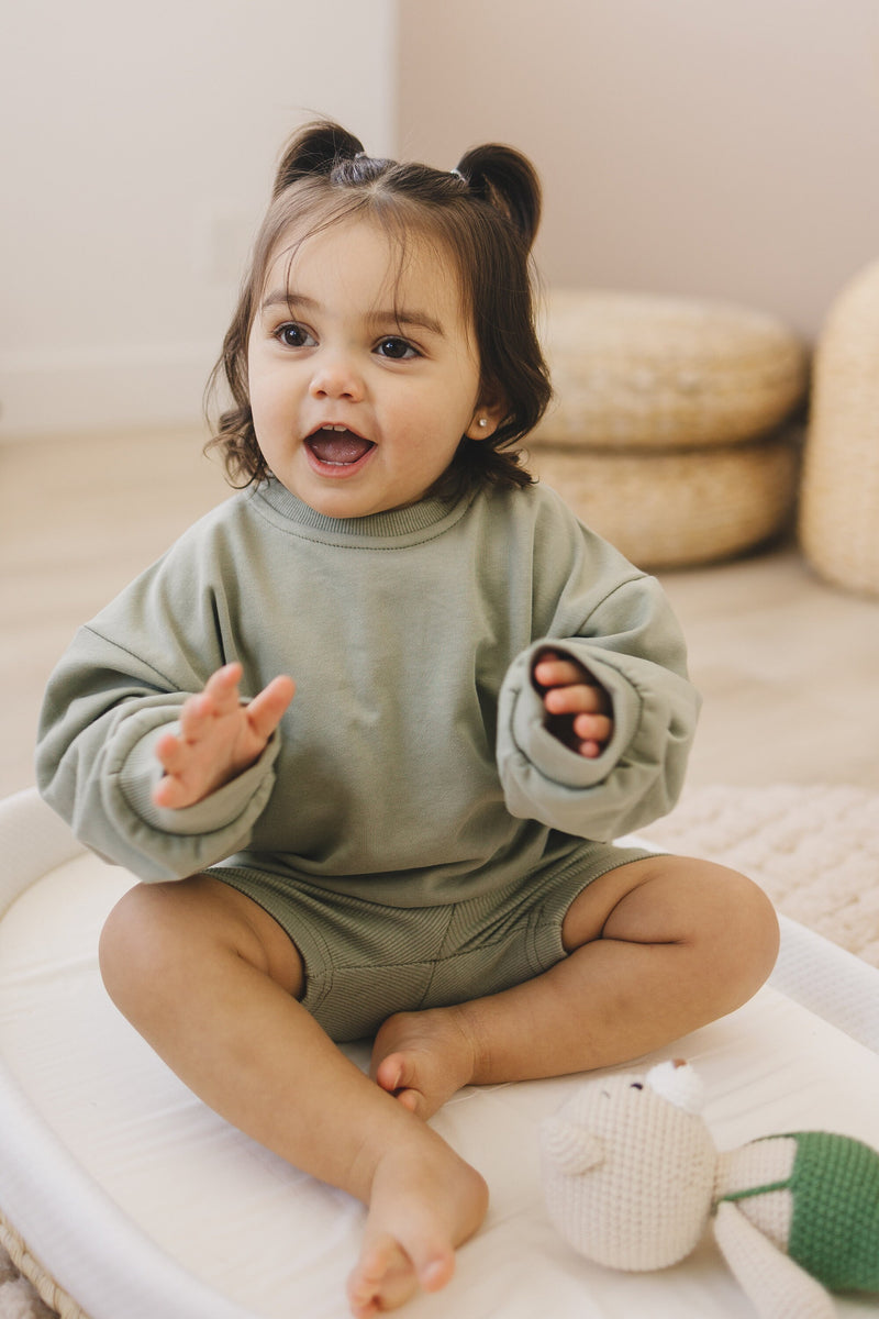 Crewneck Sweatshirt & Bike Shorts Set with Optional Customization - Crewneck - Baby Toddler Girl Clothes - Embroidered Name Personalization