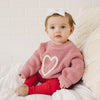 Pink Heart Hand Embroidered Chunky Knit Sweater for Babies & Toddlers - Valentine's Day Embroidered Baby Sweater - Baby Girl Valentines VDay
