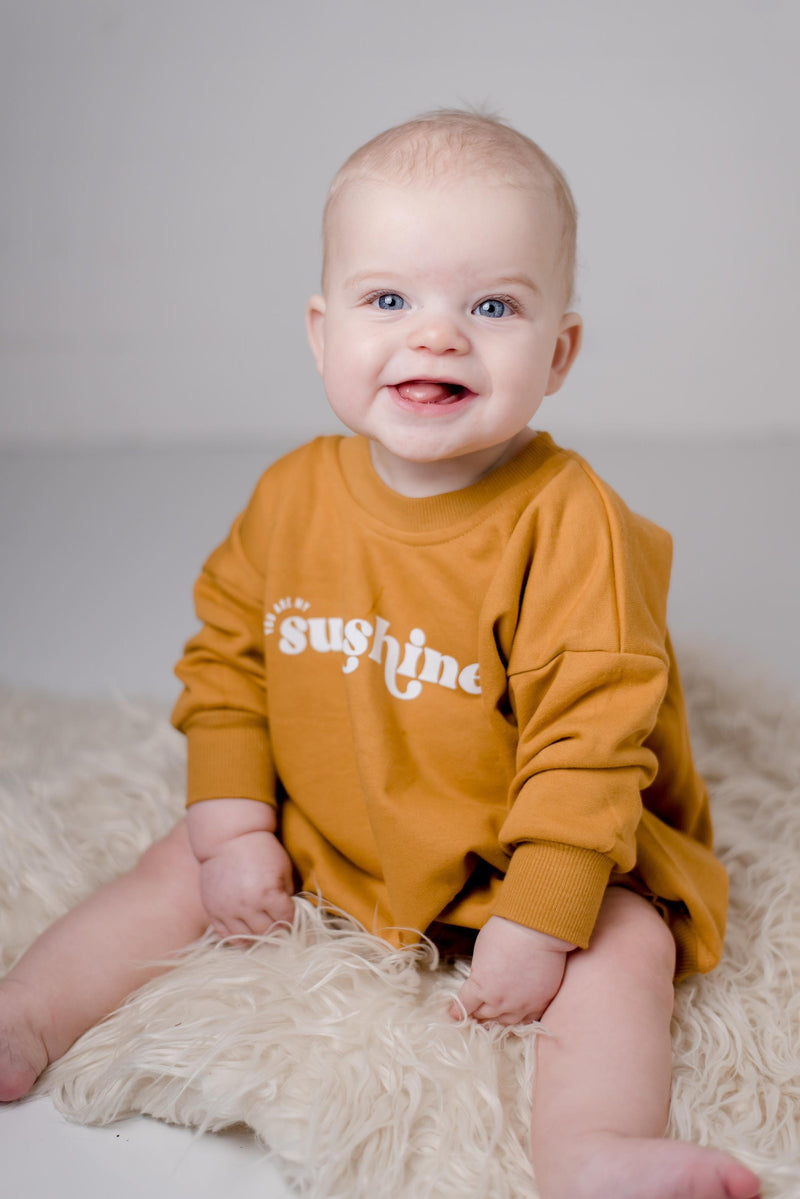 You Are My Sunshine Oversized Sweatshirt Romper - Baby Girl Bubble Romper - Baby Boy Outfit - Yellow Outfit Shirt - Neutral Bubble Romper