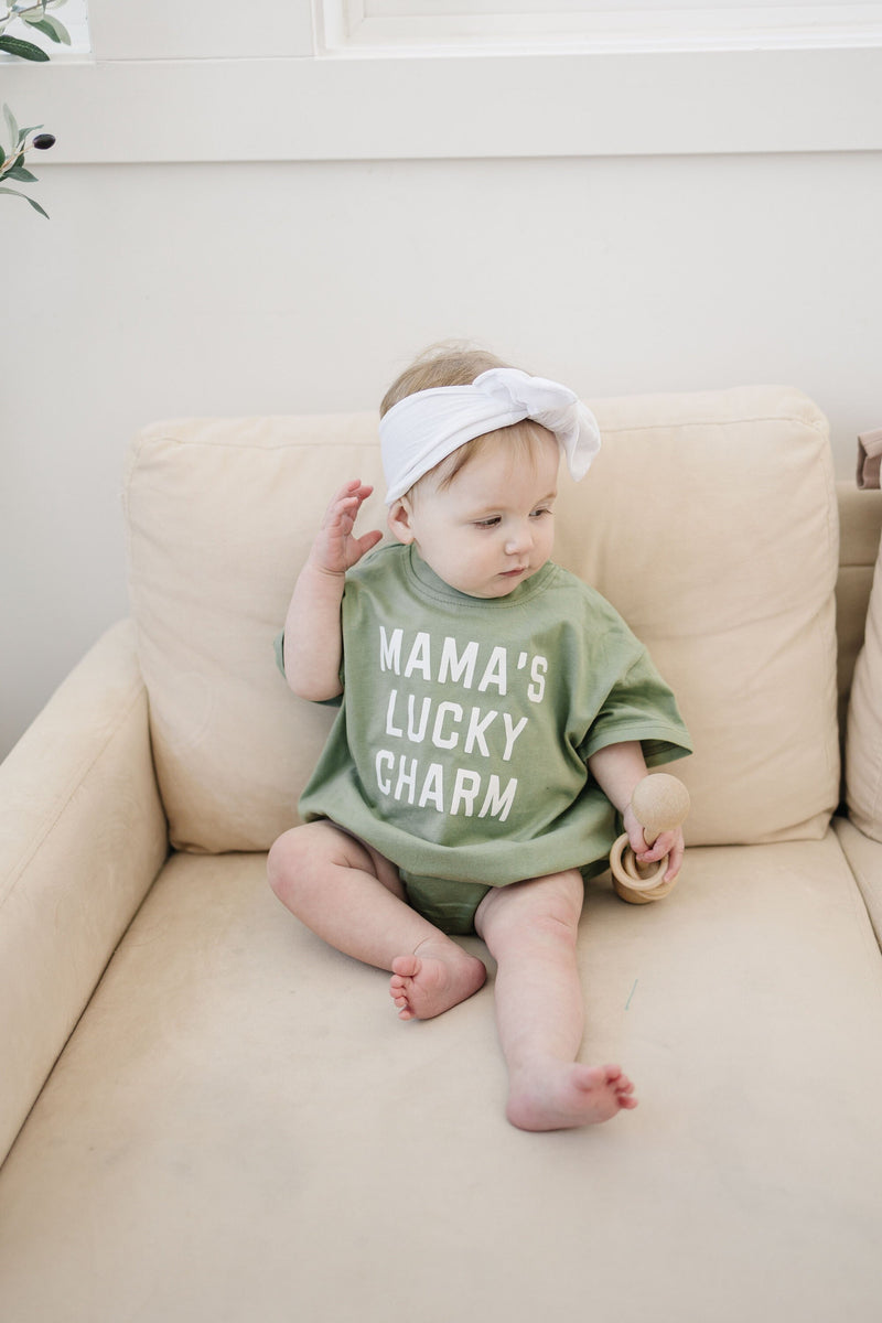 MAMA'S LUCKY CHARM Oversized T-Shirt Romper - Baby Girl or Boy Bubble Romper - St. Patrick's Day Outfit - Lucky - St. Patty's Day St Paddys