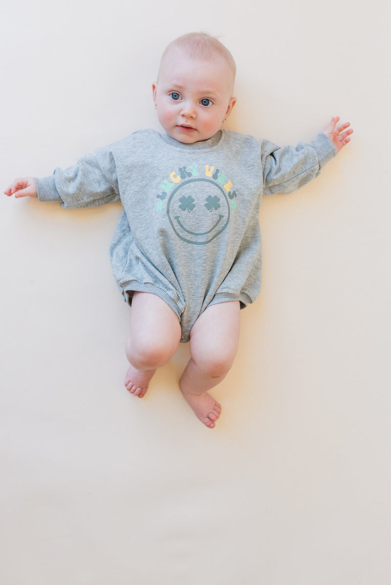 LUCKY VIBES St. Patrick's Day Graphic Oversized Sweatshirt Romper - Smiley Sweatshirt Bubble Romper - Baby Boy Clothes - Toddler Girl Pattys